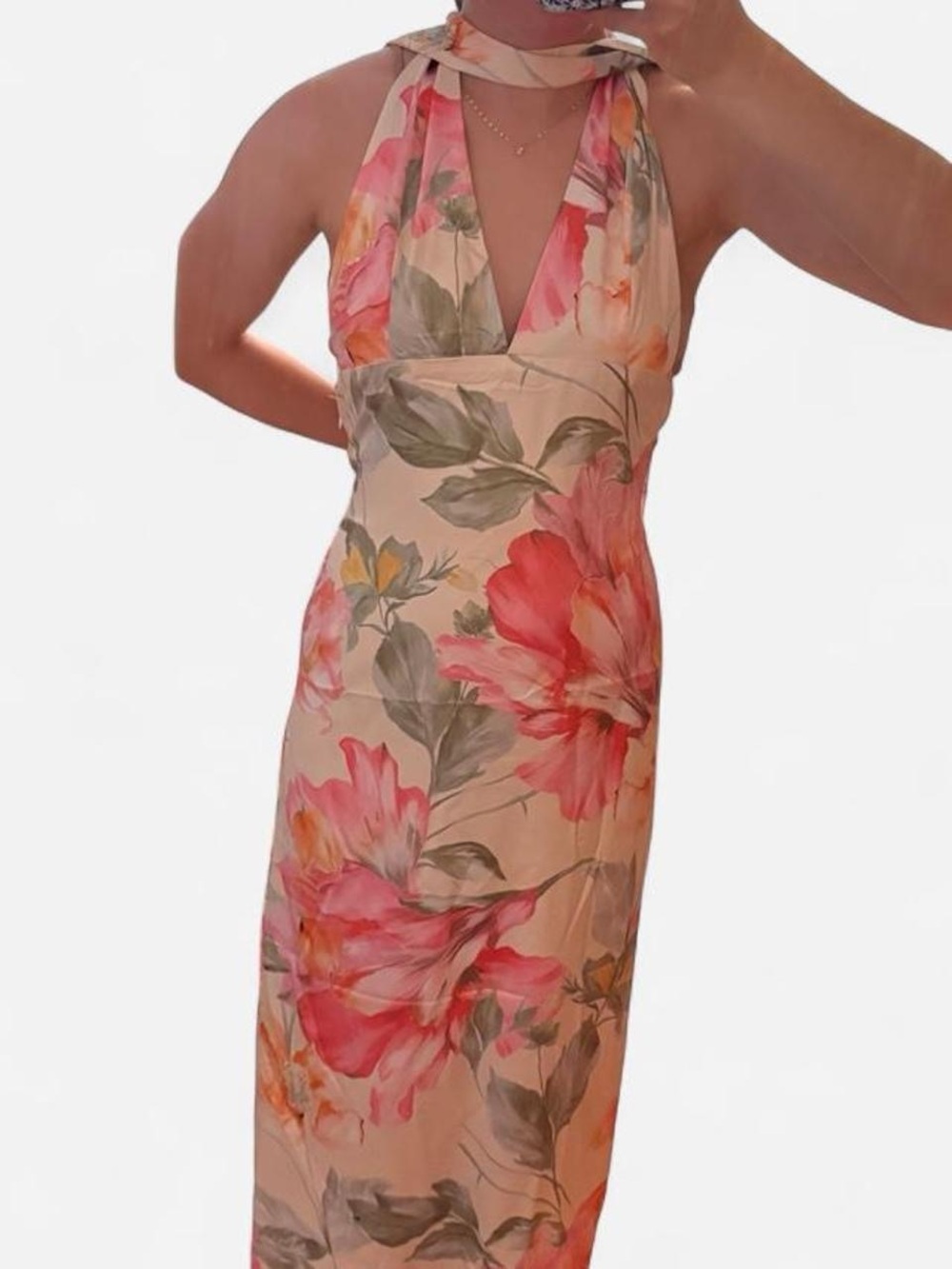 Cream Floral Maxi Dress halter neck open back